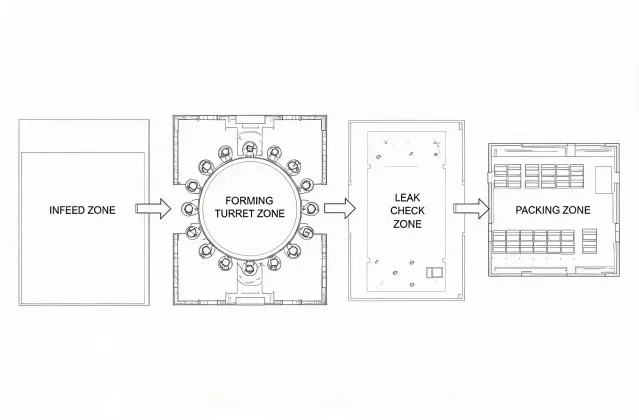 Planning illustration of a paper-cup forming cell layout for RFQ discussion, not a real office map