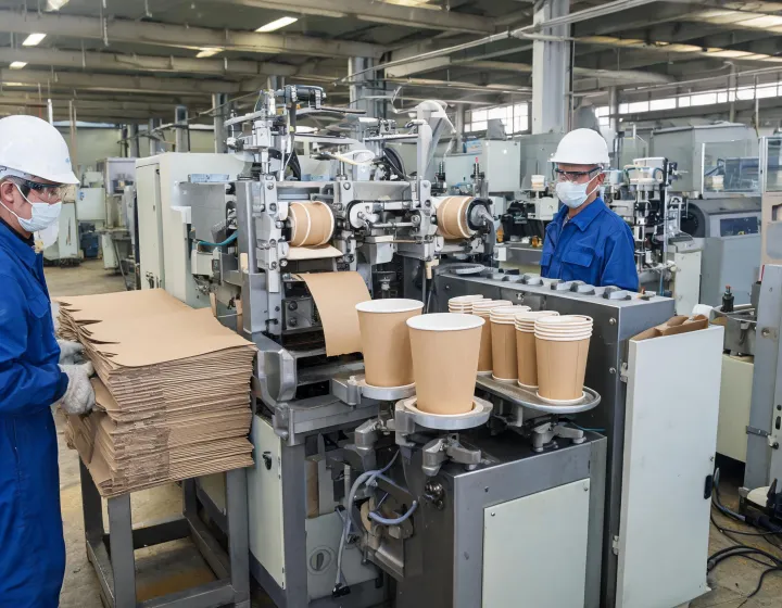 Paper cup forming station feeding coated blanks into a cup body and bottom sealer